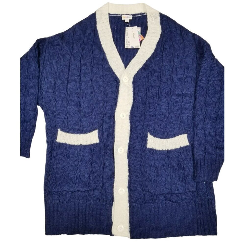 LuLaRoe NWT Womens Cable Knit Cardigan Sweater‎ L Blue White Preppy Academia